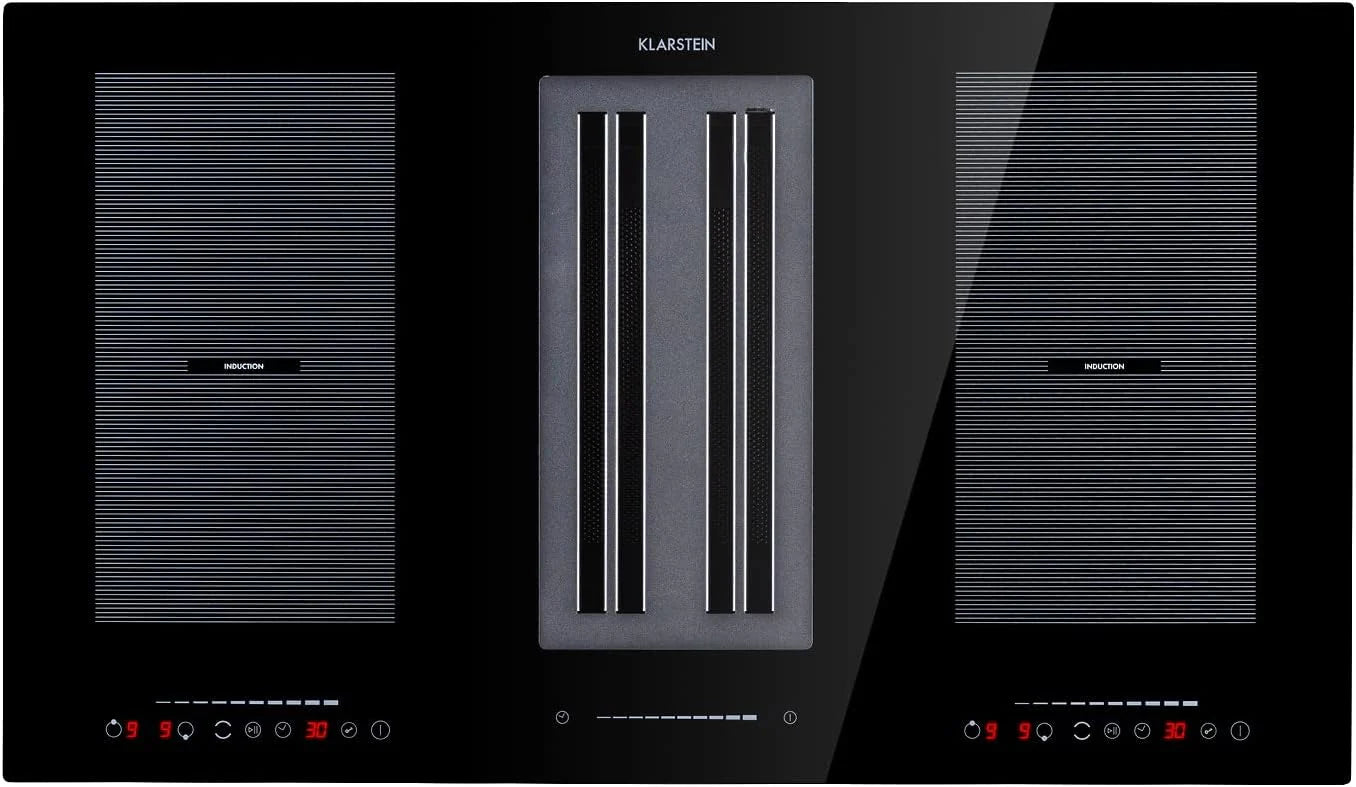 Klarstein 2-in-1 Kochfeld mit Dunstabzug Integriert, Induktionskochfeld mit Dunstabzug für Kücheninsel, Kochfeld mit Integriertem Dunstabzug, 391m³/h Luftstrom, Touch Control, Energieklasse A+(90 cm/grafietzwart)