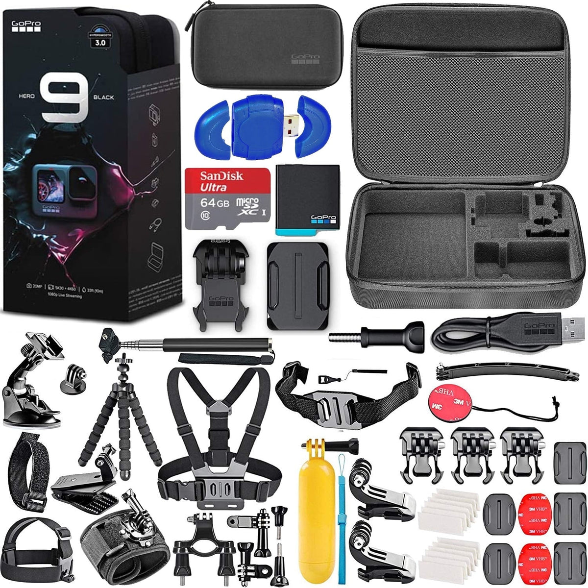 GoPro HERO9 Black + SanDisk 64GB Memory Card + Hard Case + Card Reader + Chest Strap Mount + Head Strap Mount + Flexible Tripod + Monopod + Floating Handle + Hero 9 Action Bundle