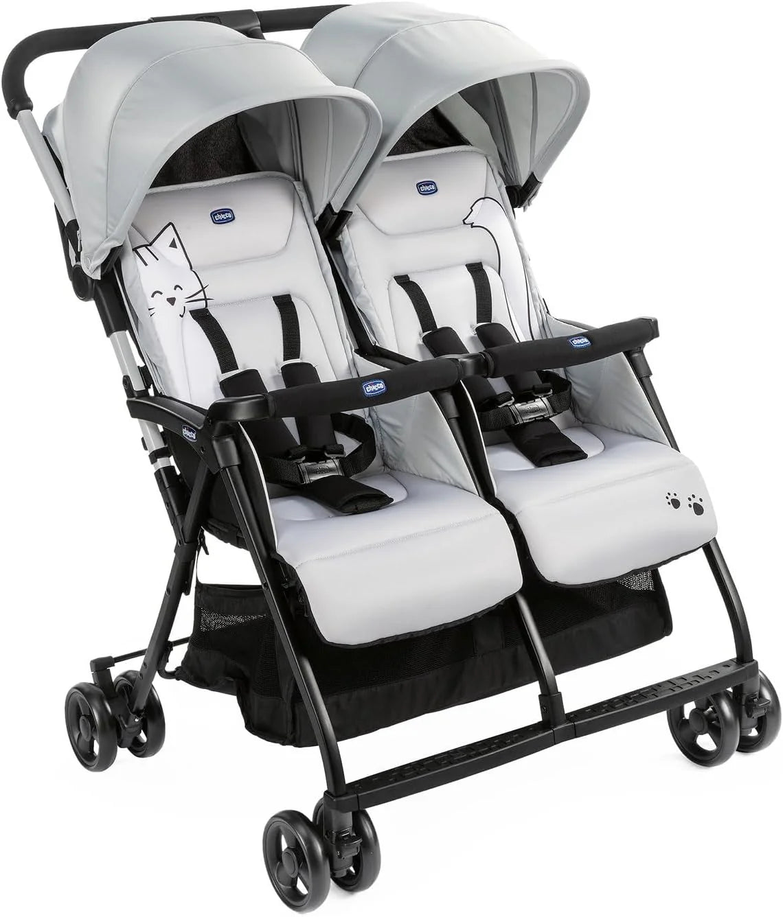 Chicco - Dubbele Buggy Ohlala Twin - Opvouwbare Duo-Kinderwagen - Ultralicht en Compact - Uitschuifbare Kap - Vanaf Geboorte tot 15 kg - Grijs (Silver Cat)
