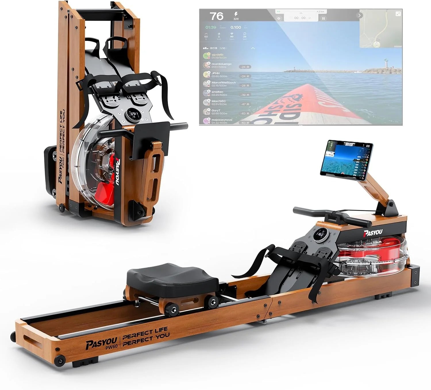 PASYOU Roeitrainer voor thuissportschool, eikenhout vouwroeimachine met Bluetooth en verstelbare tablethouder, 350 lbs gewichtscapaciteit, waterroeimachine compatibel met Kinomap APP