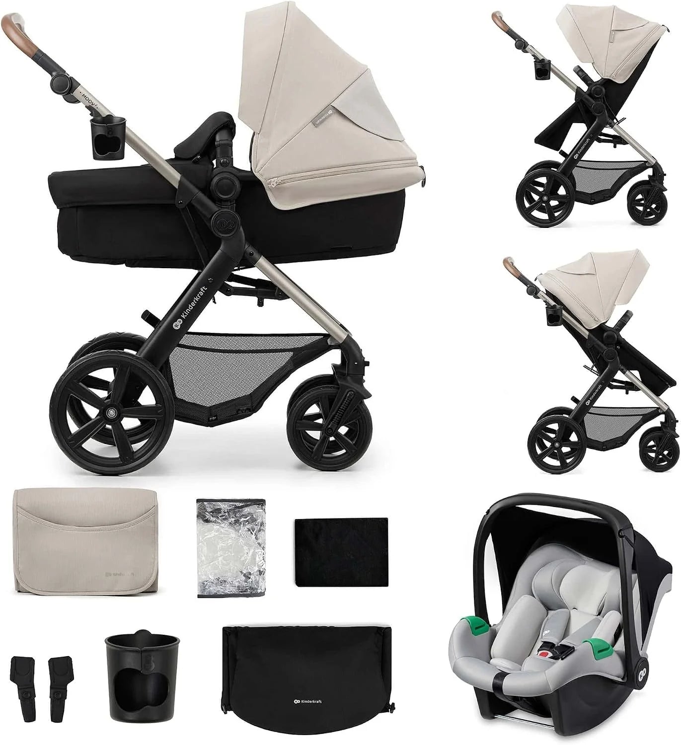 Kinderkraft MOOV 2 4IN1 EVA WHEELS kinderwagen Mink PRO I-Size, reissysteem, kinderwagen, buggy, inklapbaar, voor pasgeborenen, vanaf de geboorte tot 3 jaar, zvart(grijs (EVA))