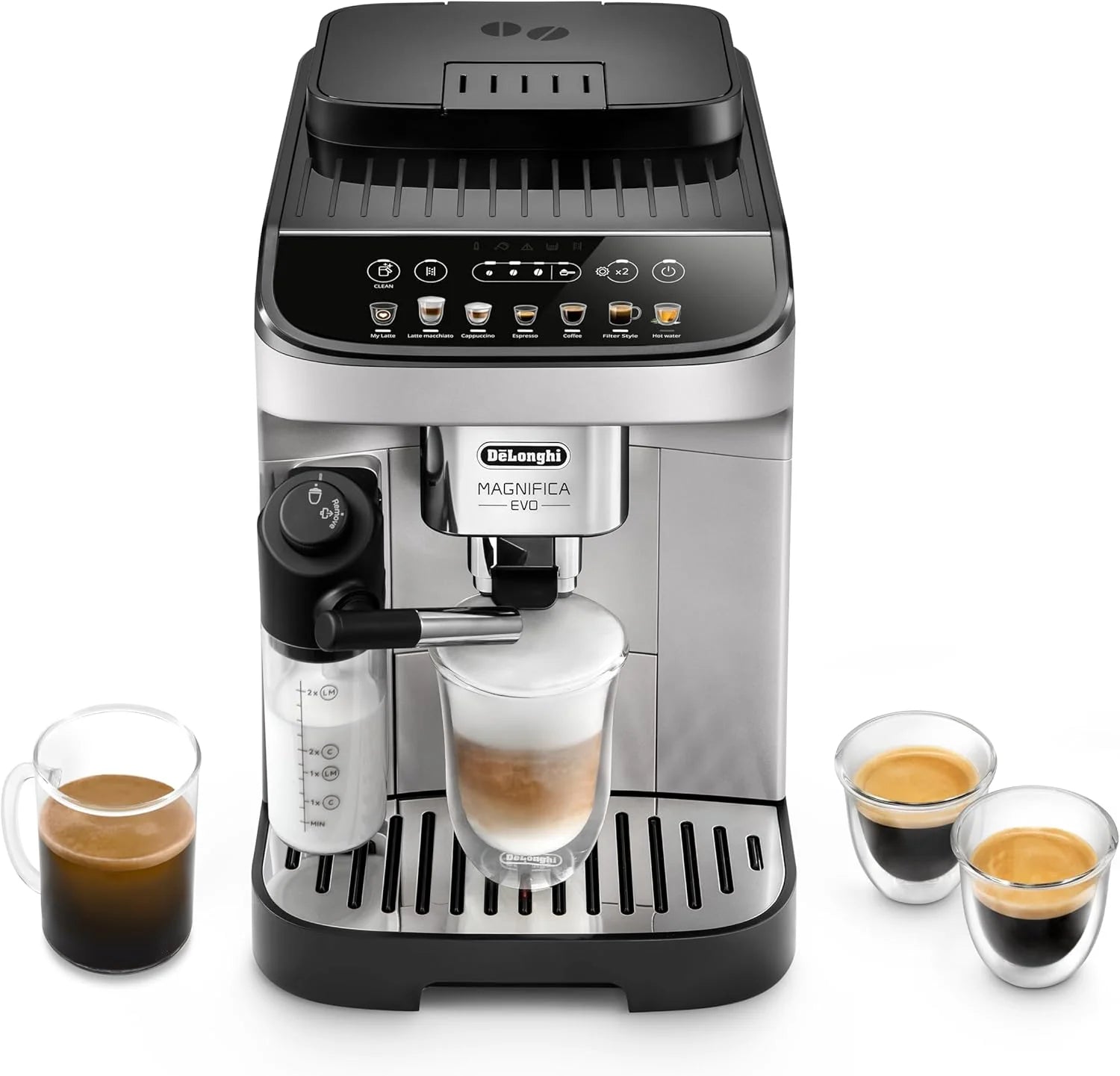 De'Longhi Magnifica Evo ECAM292.81.SB, Volautomatische Espressomachime met Automatische Melkopschuimer, Keuze Tussen 7 koffierecepten, o.a. Cappuccino, Espresso, etc. Zilver/Zwart