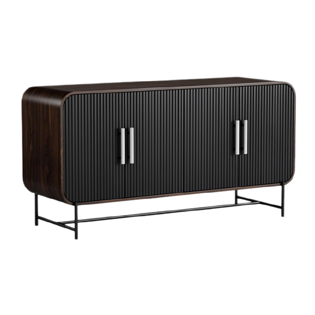 Moderne Zwarte Dressoir met Gestreepte Deuren en Stalen Onderstel