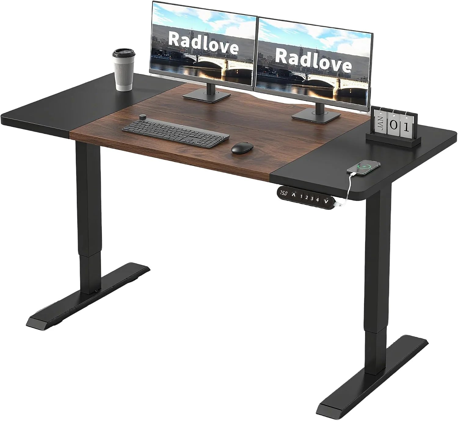 Radlove Elektrisch in hoogte verstelbaar bureau L-vorm met monitorstandaard, led-display, 160 cm staand bureau, verstelbaar bureau voor thuiskantoor en kantoor, antieke houtlook(140 x 60 cm/Zwart + bruin)