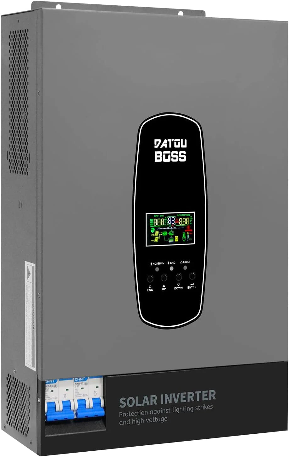 DATOUBOSS 6200W Hybride Omvormer 48V Zuivere Sinus, PV-array tot 8500W, PV-vermogen 6500W, Bliksembeveiliging, Start zonder Batterij, Geïntegreerde 120A MPPT-regelaar, voor Off-Grid Zonne-energie