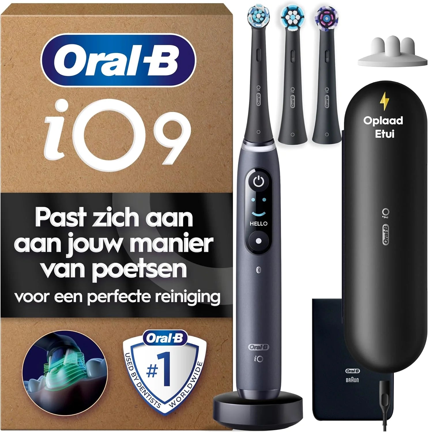 Oral-B iO 9 Zwarte Elektrische Tandenborstel, 3 Opzetborstels, 1 Oplaadreisetui, 1 Etui voor de oplafder,1 Opzetborstel houder