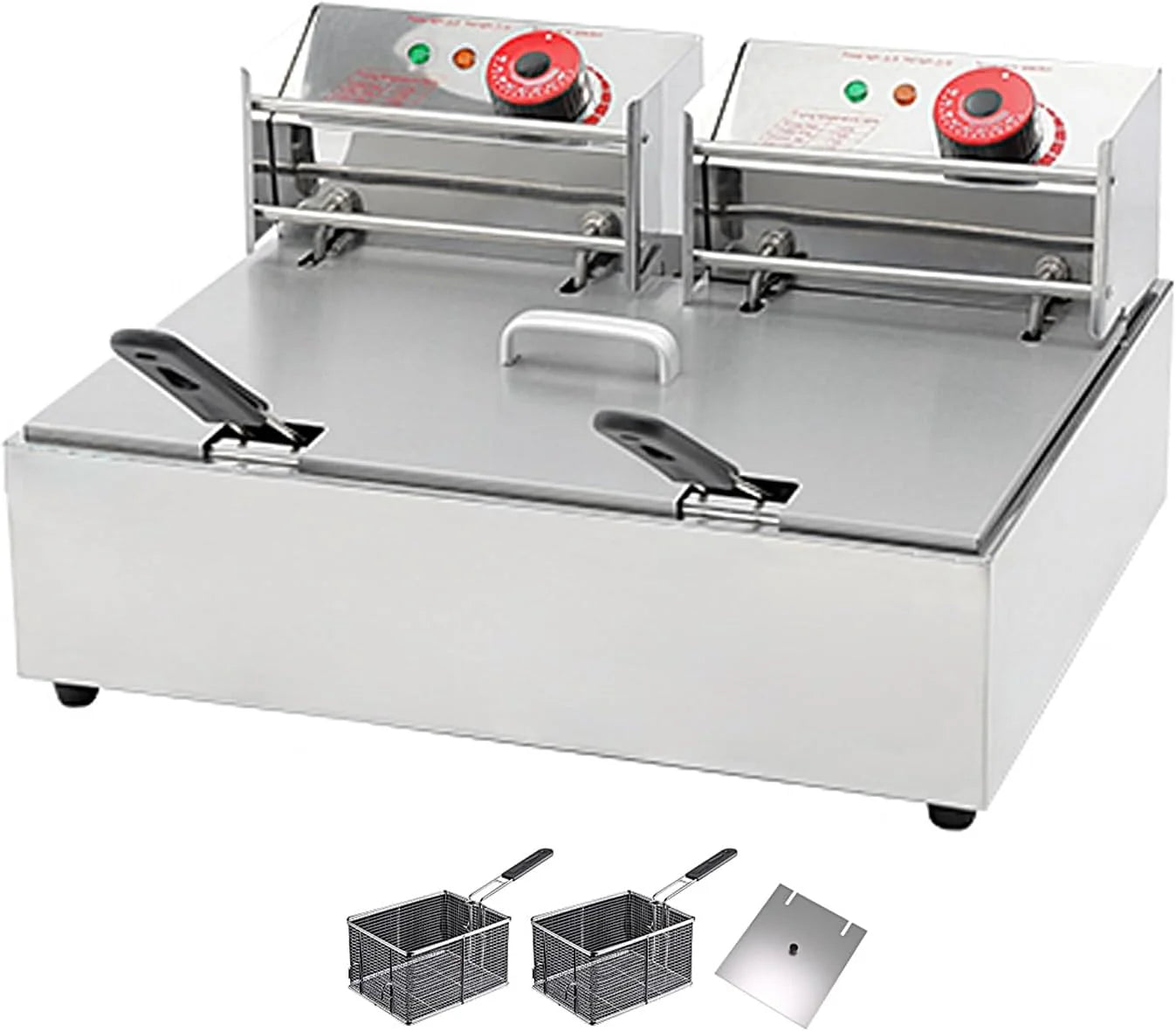 Commerciële elektrische frituurpan met mandje en deksel, krachtig roestvrij staal, temperatuurregeling, ideaal voor professioneel en thuisgebruik.
