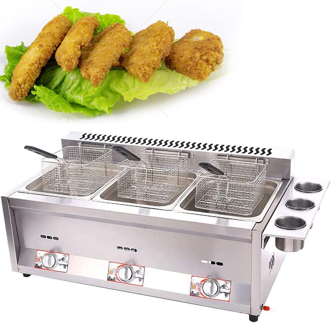 Commerciële lichtgewicht roestvrijstalen gasfriteuse voor op het aanrecht, frietfriteuse met dubbele frituurpan, gemakkelijk schoon te maken (éénpansfriteuse)(Triplepot)