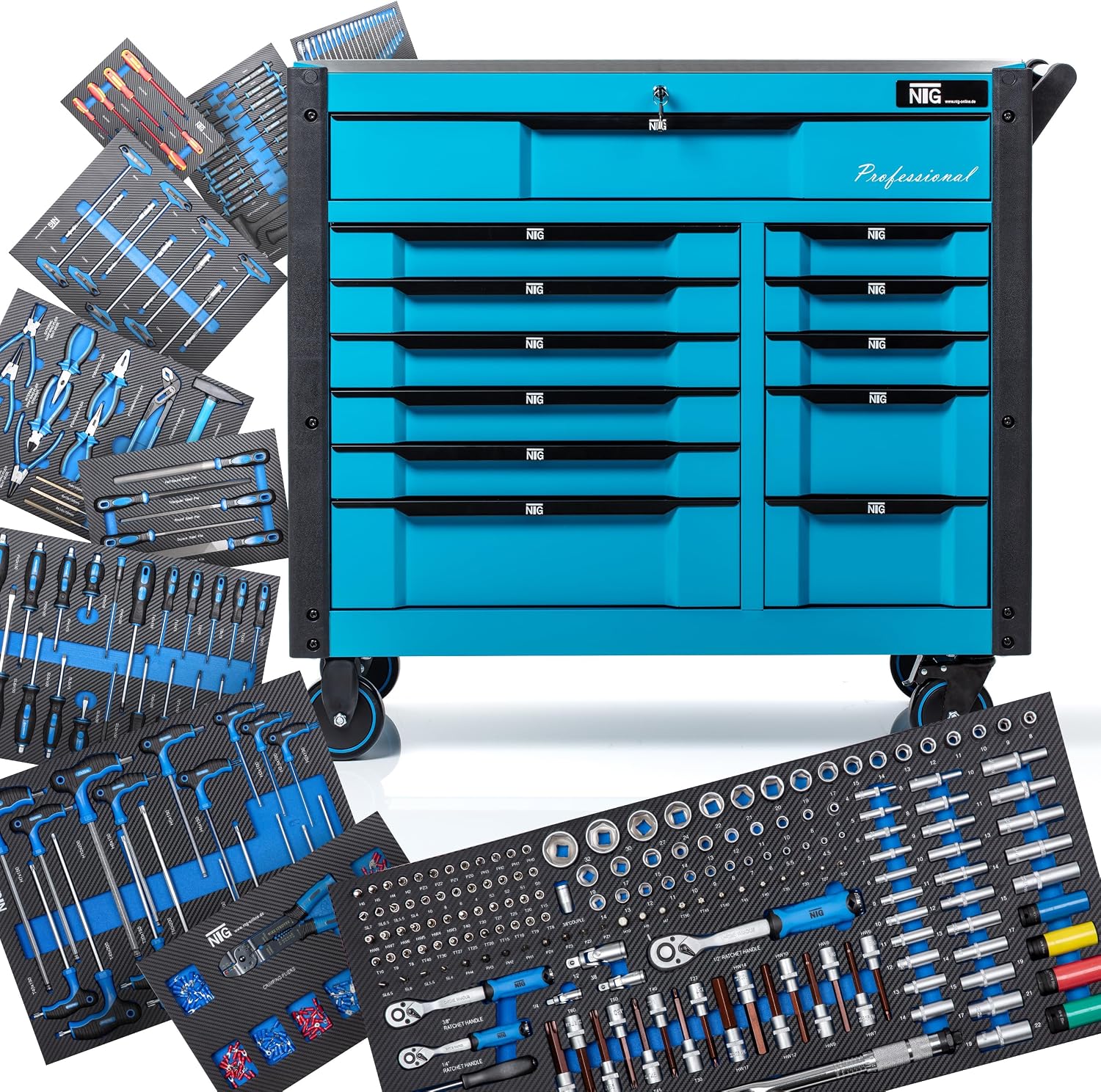 NTG Gereedschapswagen gevuld met gereedschap XXL | 457-delig | 12 afsluitbare laden | Waarvan 10 met gereedschap | Met zachte inlays in carbonlook | Gevulde gereedschapswagen gereedschapskar