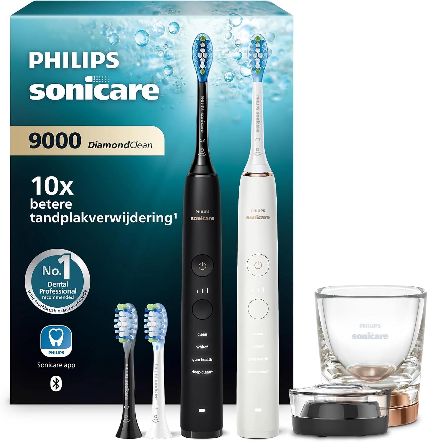 Philips Sonicare DiamondClean 9000 elektrische tandenborstel, twee sonische tandenborstels met app, druksensor, 4 poetsmodi, 3 intensiteitsniveaus, oplaadglas, zwart, model HX9914/63(Black  Rosegold)