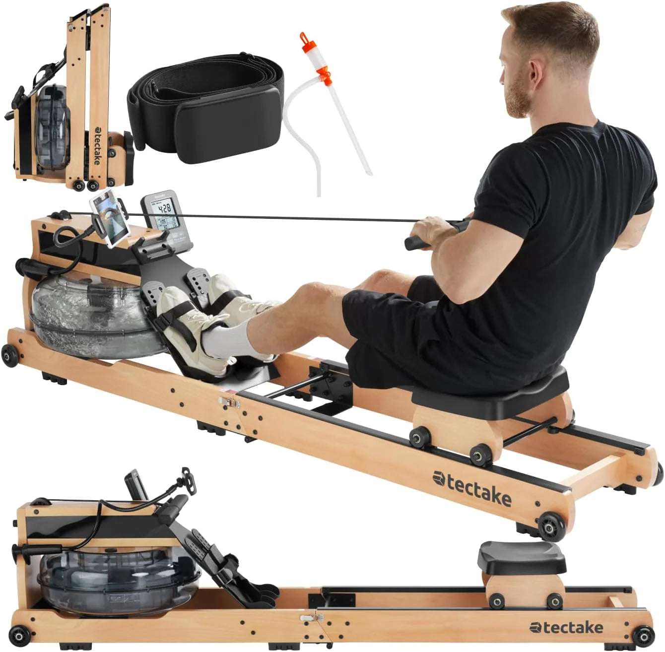 tectake® Houten Roeimachine Titan XR2, Roeitrainer, Inklapbaar, Waterroeimachine met Bluetooth, Ergonomisch Zitvlak, Trainingscomputer met Kinomap-app, 6 Verstelbare Pedalen, Roeitoestel, Home Gym