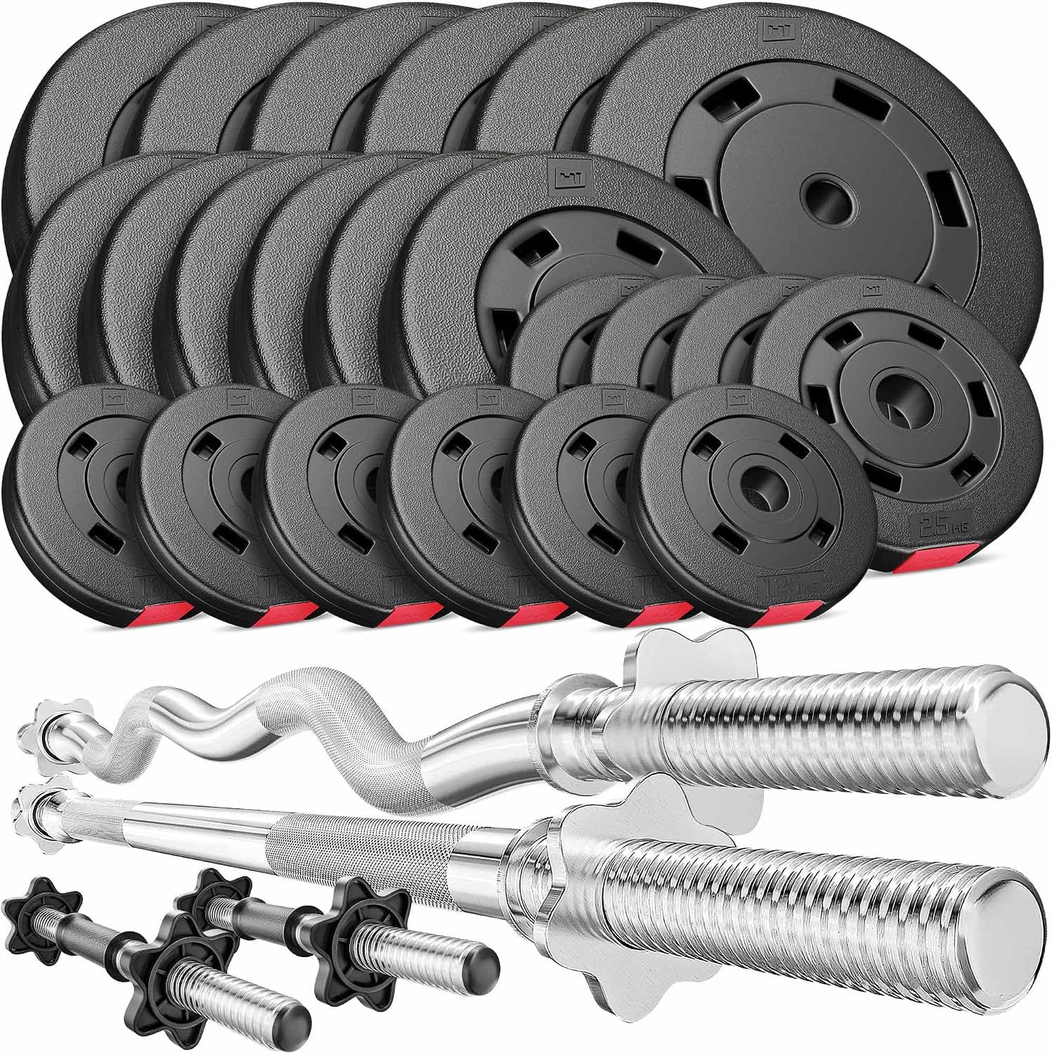 Hop-Sport Halterschijven van 125 kg, Set met 1 x Lange Halterstang 167 cm, 1 x Curl Stang 120 cm, 2 x Korte Halters 45 cm - Complete Set voor Fitness Bodybuilding(SET 125 kg)