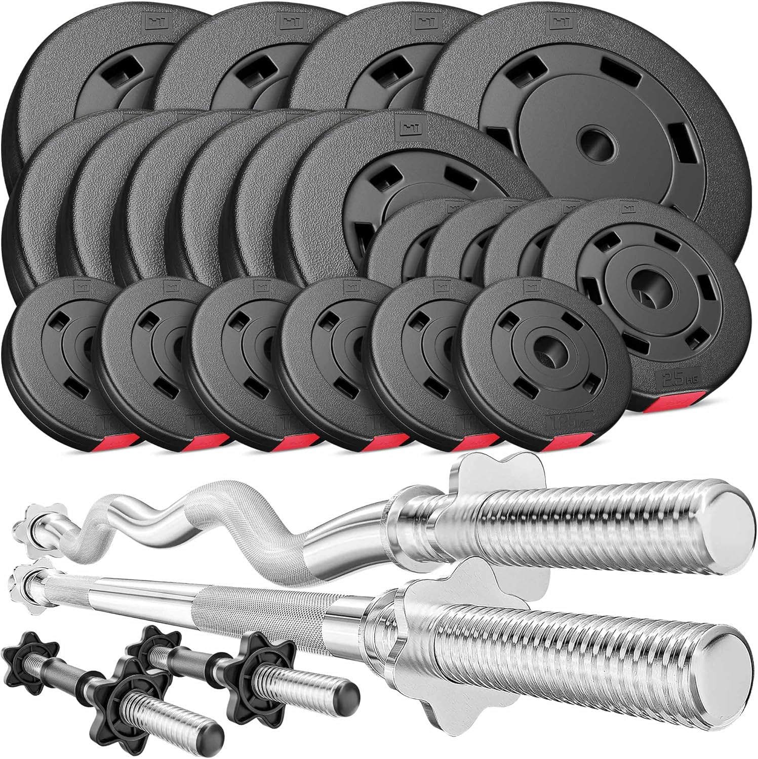 Hop-Sport Halterset 105 kg Lange Halterstang, Super Curl of Curl Stang, 2x Korte Halters, Gewichten 4x10kg / 6x5kg / 4x2,5kg / 6x1,25kg (105kg - Lang Halter, SZ-stang  korte halters)