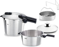 Fissler Vitaquick Premium/snelkookpannenset 2-delig, Ø 26 cm (snelkookpan 8 l + snelkookpan 4 liter) met inzetstuk, extra glazen deksel, 2 gaarstanden, Made in Germany - inductie(3,5+6 L/roestvrij staal/zilver)