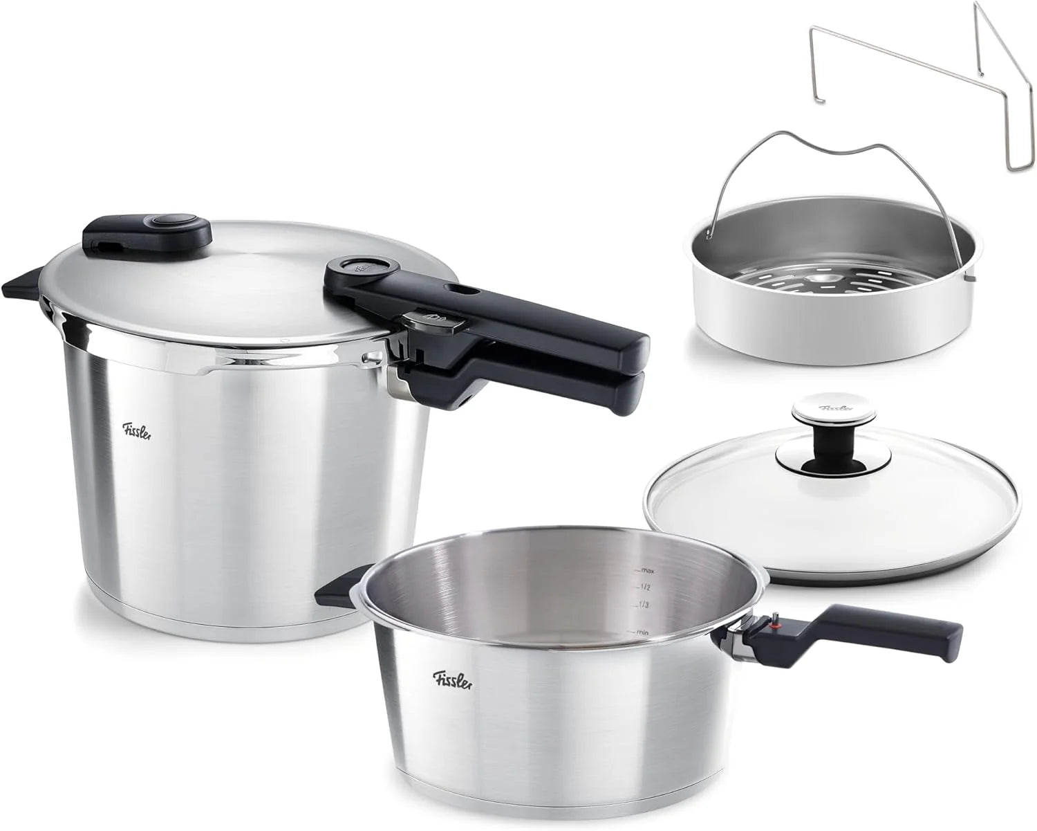 Fissler Vitaquick Premium/snelkookpannenset 2-delig, Ø 26 cm (snelkookpan 8 l + snelkookpan 4 liter) met inzetstuk, extra glazen deksel, 2 gaarstanden, Made in Germany - inductie(3,5+6 L/roestvrij staal/zilver)