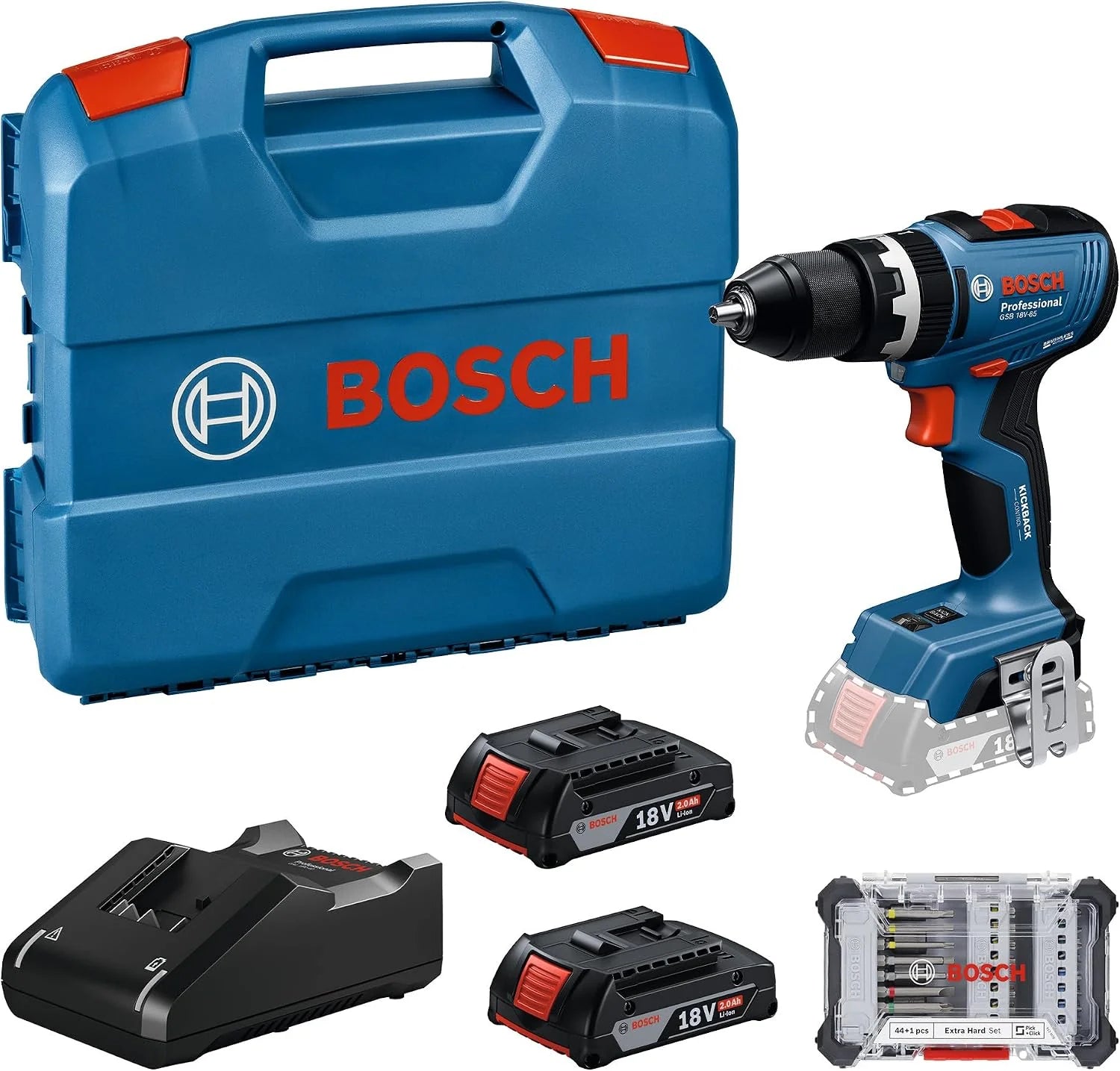 Bosch Professional 18V System accuschroefboormachine GSB 18V-65 (met 2 x accu GBA 2,0 Ah, oplader GAL 18V-40, 1 x schroefbitset, L-Case)