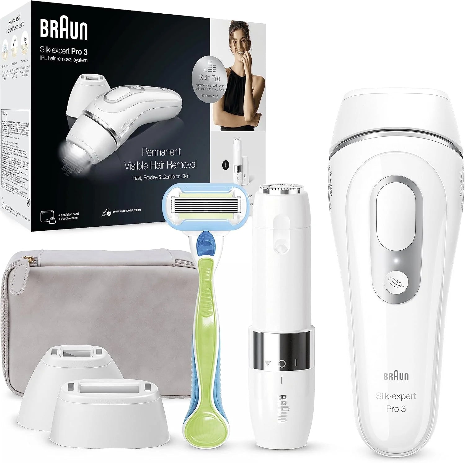 Braun IPL Silk Expert Pro 3 Ontharingsapparaat Voor Vrouwen  Mannen, Ontharing, Venus Scheermes  Tas, Laser Ontharing, Cadeau Voor Vrouwen, PL3139, Wit/Zilver