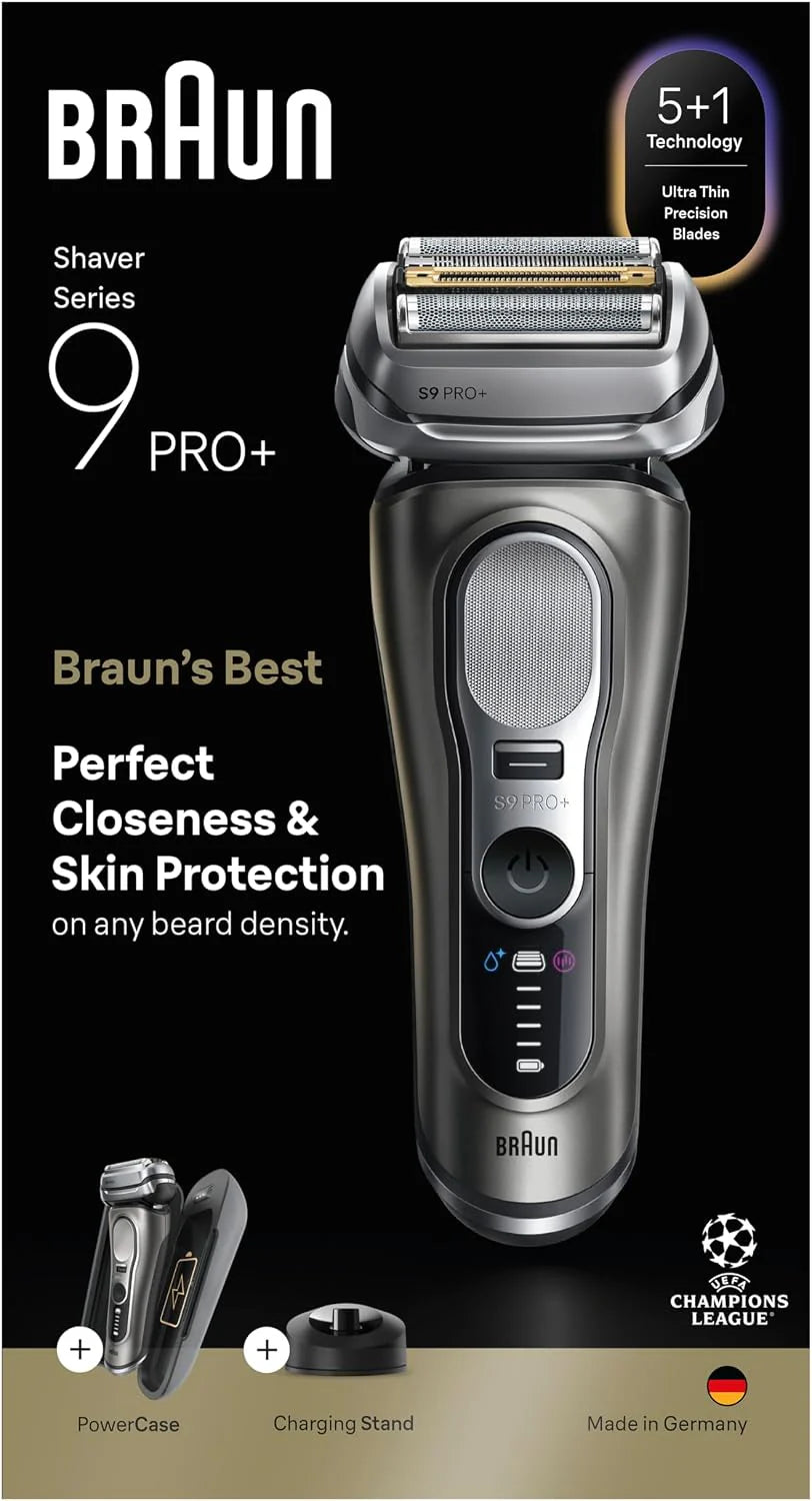 Braun Series 9 PRO+ Elektrisch scheerapparaat, 5+1 ultradunne precisiemessen, Pro SensoAdapt, tot 60 min, PowerCase, oplaadstandaard, nat en droog scheermes voor mannen, 9625S, grafiet