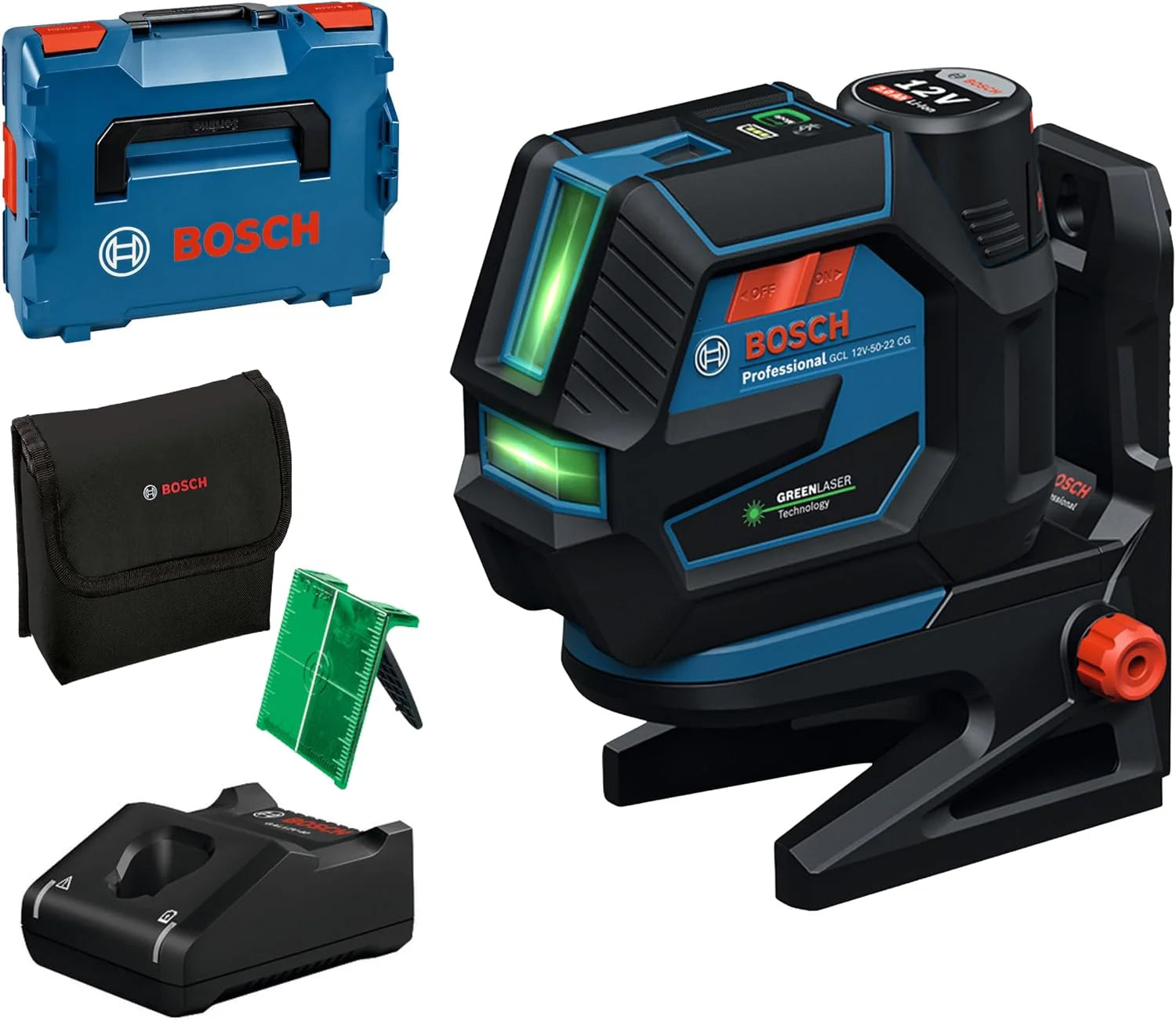 Bosch Professional combilaser GCL 12V-50-22 CG (werkbereik max. 50 m met ontvanger, Dual Power Source, Levelling Remote-app, houder RM 20, GBA 12V 2.0Ah, GAL 12V-40, etui, L-BOXX 136)