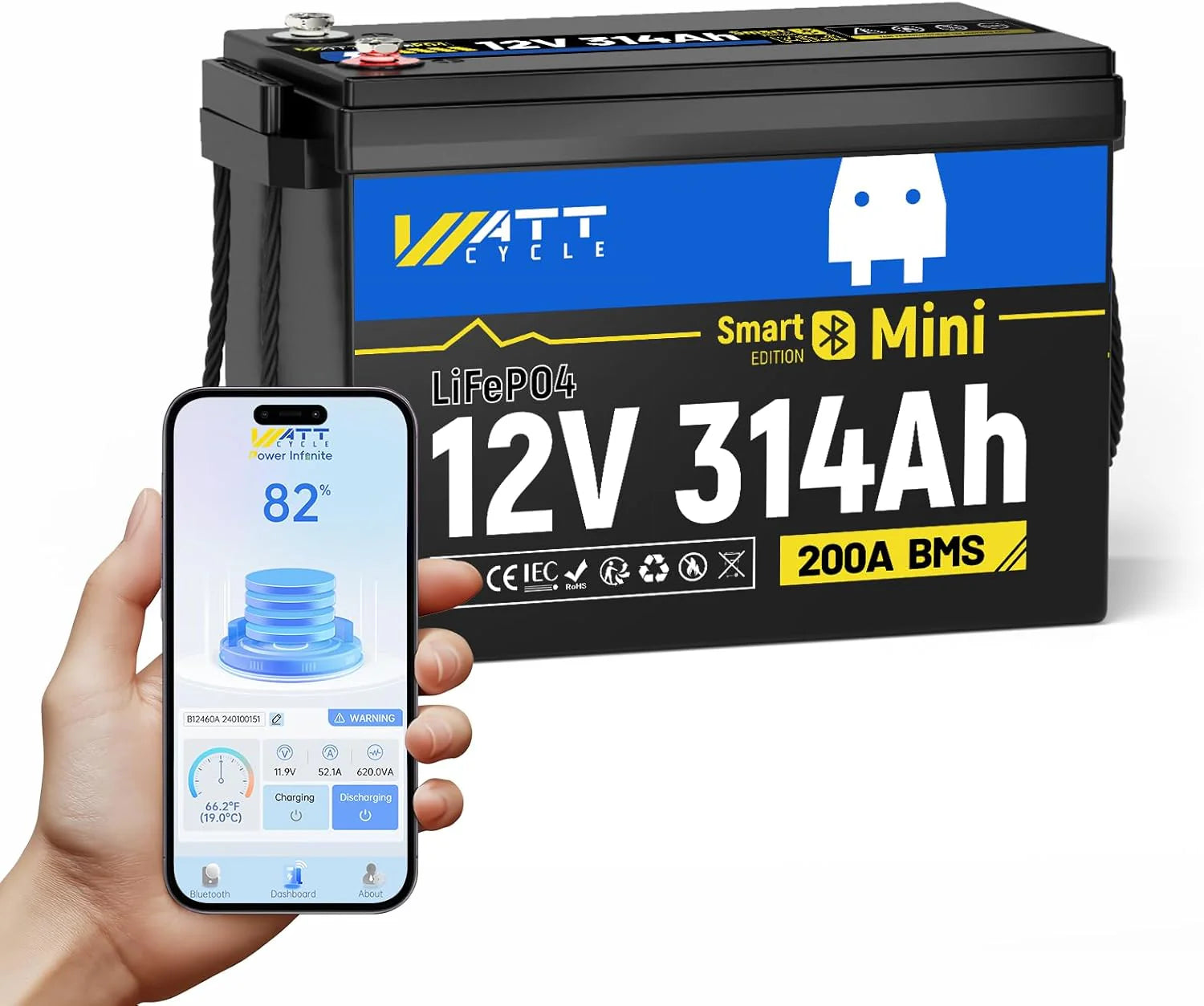WattCycle 48V 314Ah LiFePO4 Thuisbatterij 16kWh, Slimme Energieopslag met Bluetooth BMS, IP65 Wandmontage Accu, 6000+ Cycli, CAN RS485 Communicatie voor Zonnepanelen, Off-Grid en Backup Systemen(1*12V314AH Bluetooth Batterij)