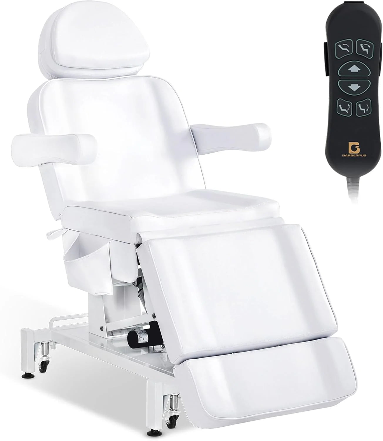 BarberPub Elektrische schoonheidsstoel met 3 motoren, inklapbare massagetafel en in hoogte verstelbaar tot 18 cm, 180° draaibare armleuningen, tatoeagetafel voor SPA salon 0754 (Zwart/kunstleer)(Wit)