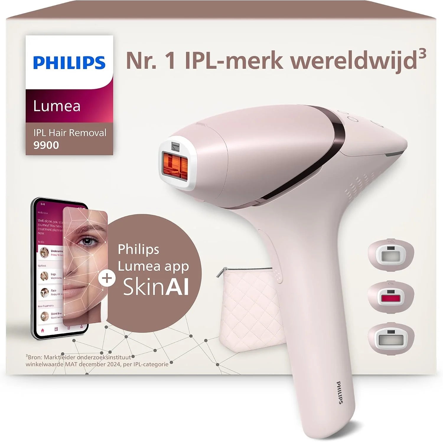 Philips Lumea IPL-ontharingsapparaat 9900-serie, met SenseIQ- en SkinAI-technologie, 4 opzetstukken voor lichaam, gezicht, bikinilijn en oksels, gebruik met en zonder snoer, model BRI951/00(BRI953/02)