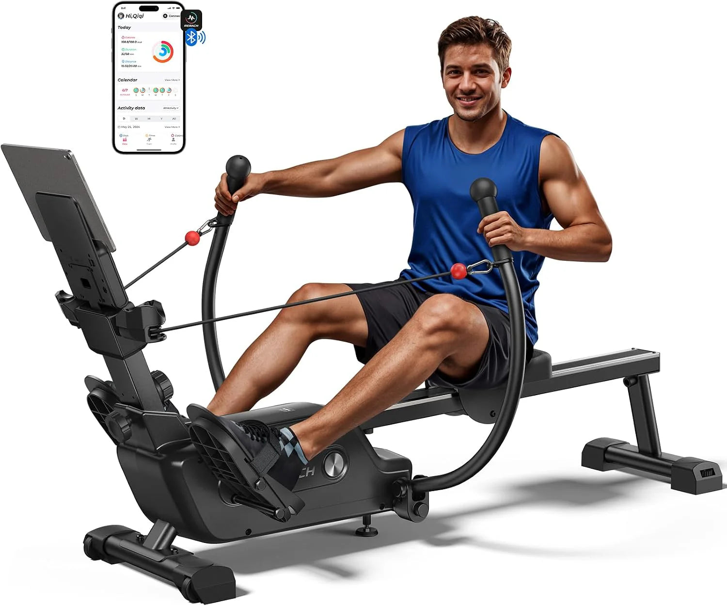 MERACH Roeitoestel voor thuis, innovatieve dubbele peddel met meerdere trainingsmodi, full-body training met de MERACH app, meer dan 1000 Championcursussen, simuleert echt roeien
