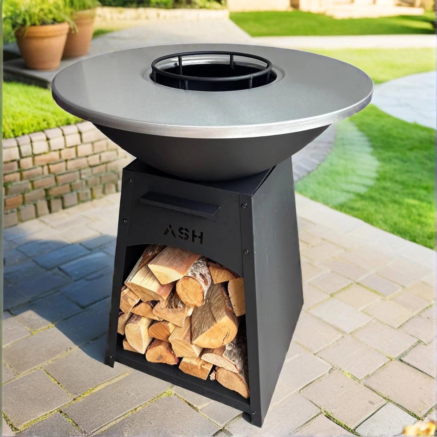Plancha - BBQ - Grill - Vuurschaal - Barbecue - Zwart- Grillplaat - Outdoor - Plancha - ASH NOVA XL - Grillring Ø70 - Tuinhaard - Barbecue - Houtopslag - Luxe Uitstraling - Bakplaat