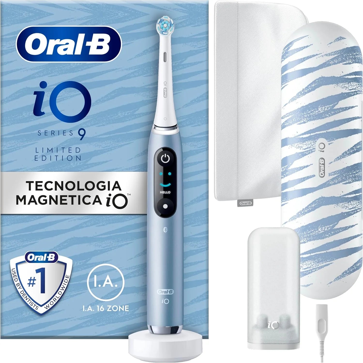Oral-B iO Series 9 Special Edition, elektrische tandenborstel, Bluetooth-verbonden, 7 poetsmodi, 1 reisetui, 1 tas, aquamarijn