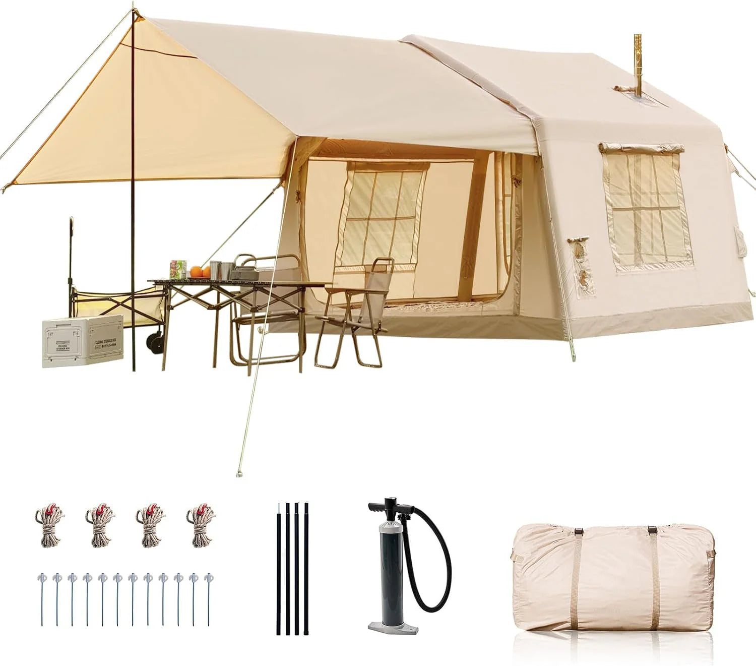 Ytaoeo Opblaasbare Tent Openlucht het kamperen tent voor 6-8 personen met schoorsteen het openen Opblaasbare het kamperen tent gemaakt van waterdichte Oxford stof Air glamping tenten(6 personen + luifel/3.2x2.5x2.1m)