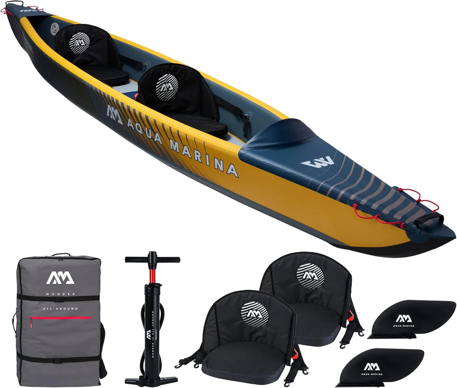 Aqua Marina Tomahawk AIR-K Hoge druk Drop-Stitch Premium Opblaasbare Kajak voor 2 Personen, 440 cm Lengte, Marine/Geel
