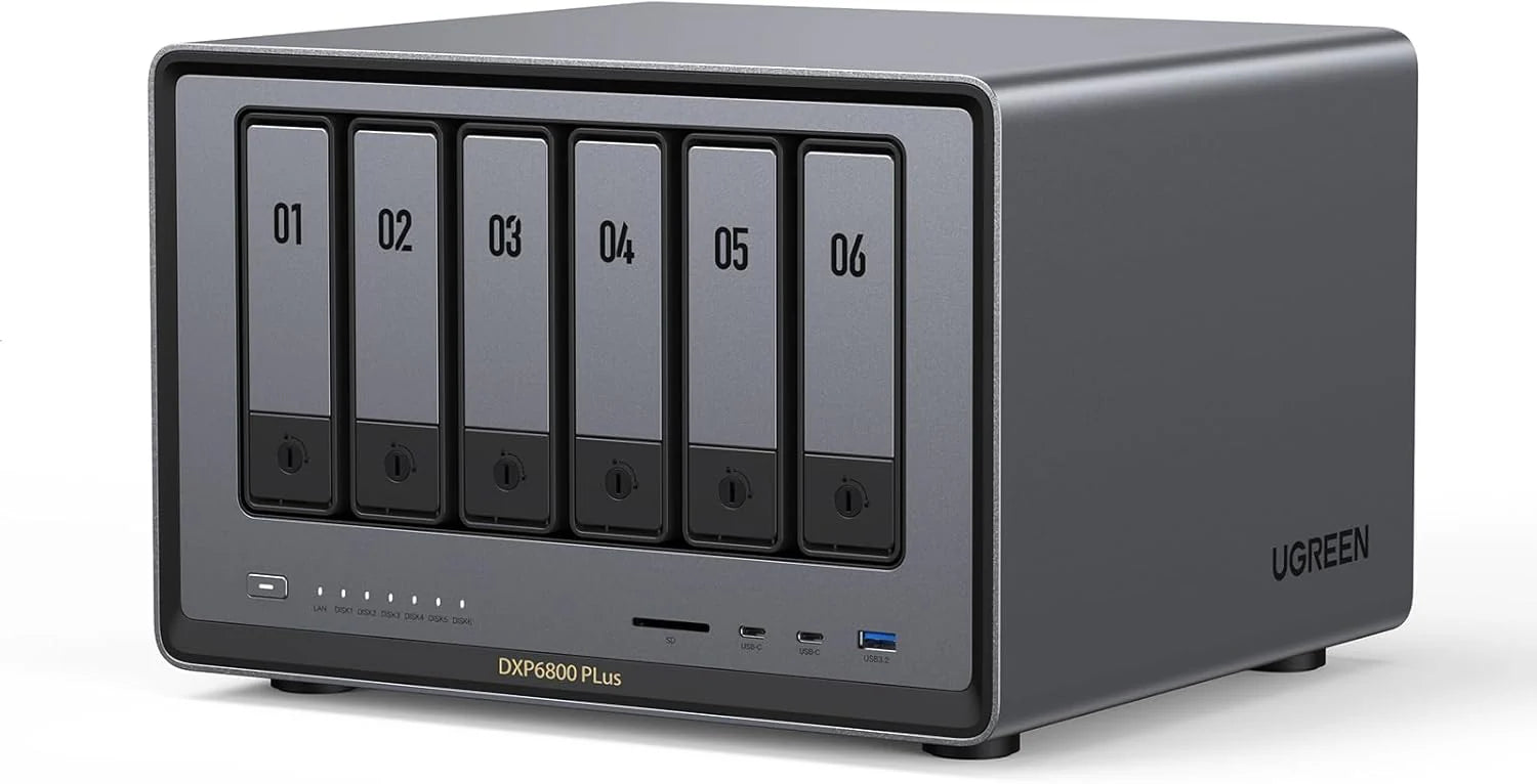 UGREEN NASync DXP6800 Plus 6-bay NAS-server, Intel i3-1215U 6-core processor, 8 GB DDR5, 128 GB SSD, 2,5GbE en 10GbE LAN, 2× M.2 NVMe, 4K HDMI, (zonder schijven)