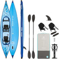 AQUASTIC Monroy Opblaasbare kajak en SUP Hybrid Drop-Stitch, 2-kamer V-cola, stabiel, draagvermogen tot 250 kg, uitrusting: 2 zitplaatsen, peddel, pomp, ballast, rugzak