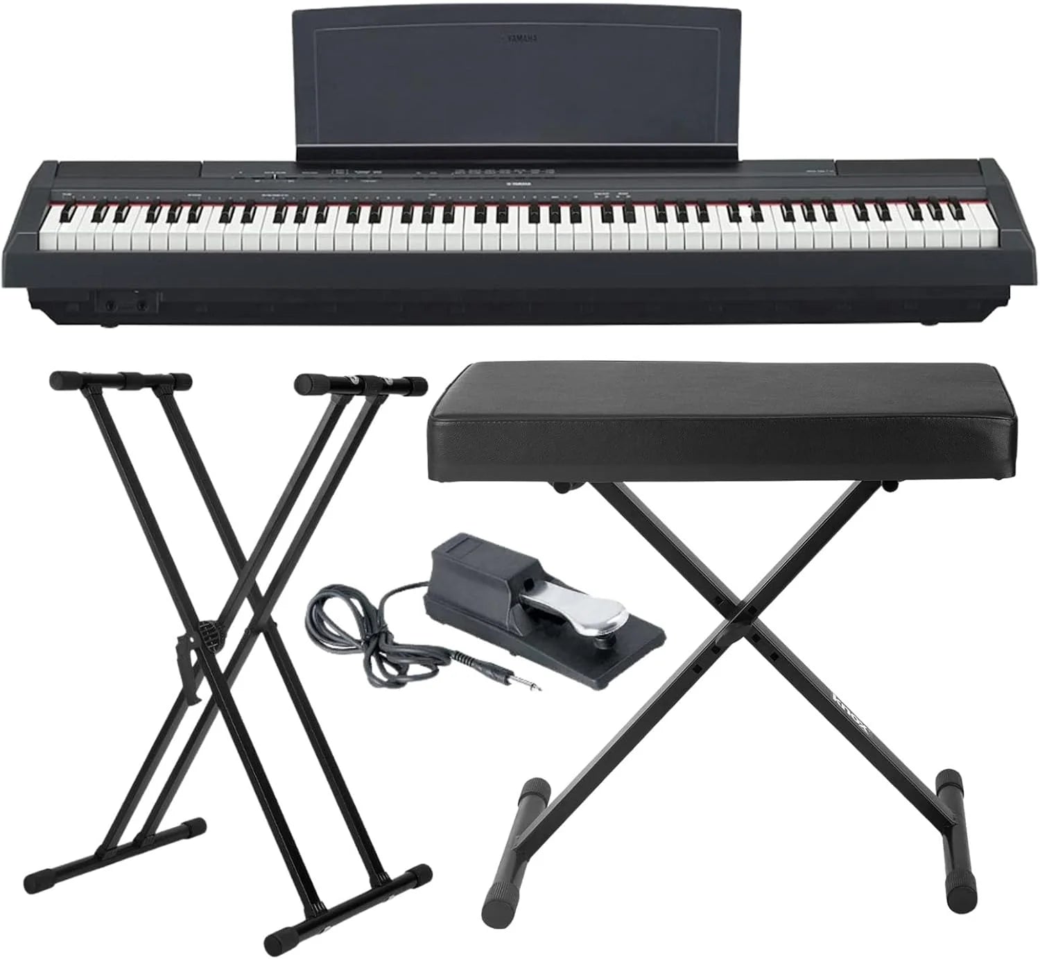 Yamaha P125 88 Weighted Key Digital Piano Bundel met Knox Double X Stand, Knox Grote Bank en Duurpedaal (4 artikelen)