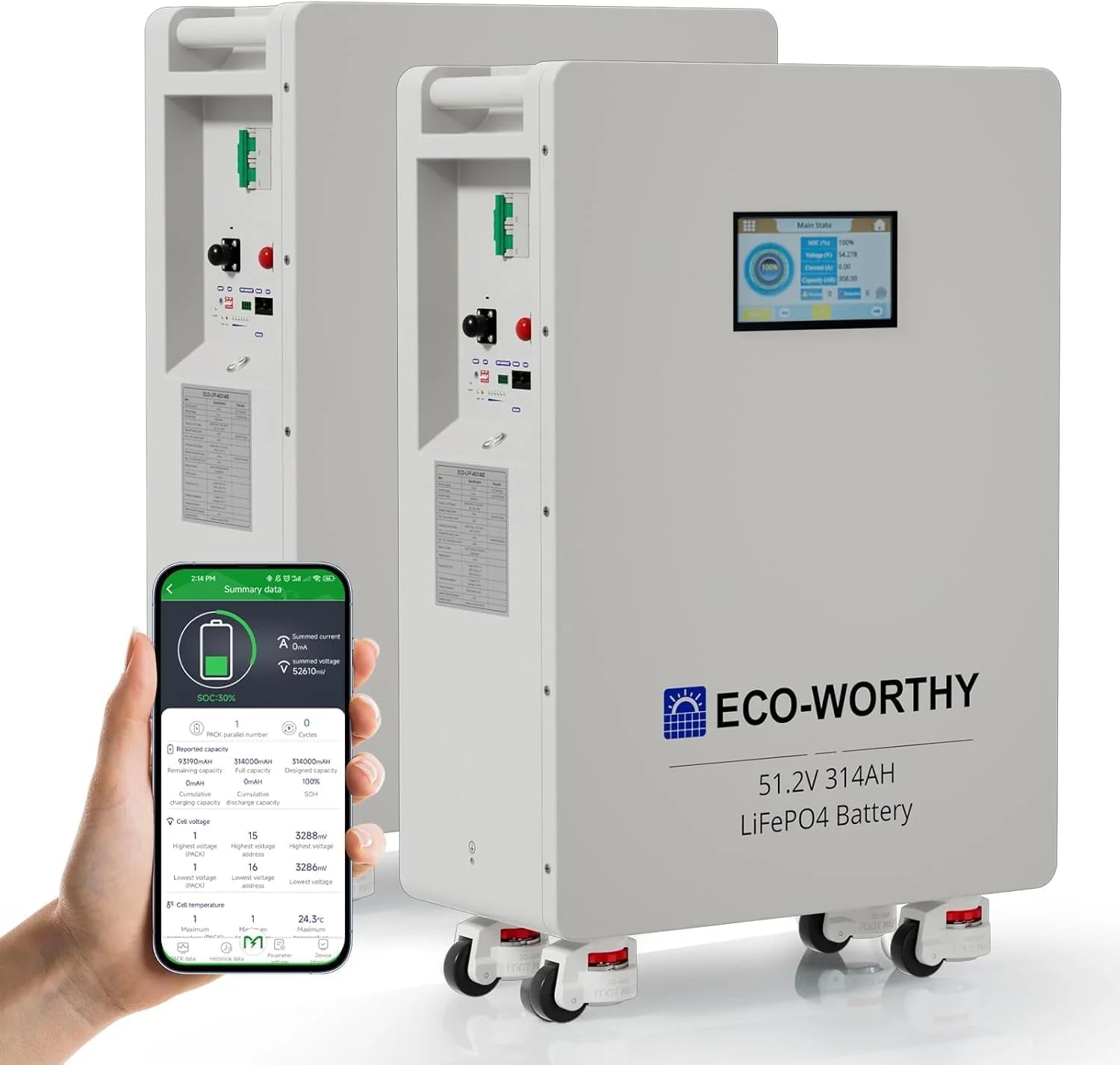 ECO-WORTHY LiFePO4 Accu, 48 V, 314 Ah, 32,2 kWh, stroomopslag en vermogensschakelaars, 200 A PACE BMS RS485/CAN/RS232, met bluetooth WLAN voor noodstroomvoorziening thuis, netonafhankelijke