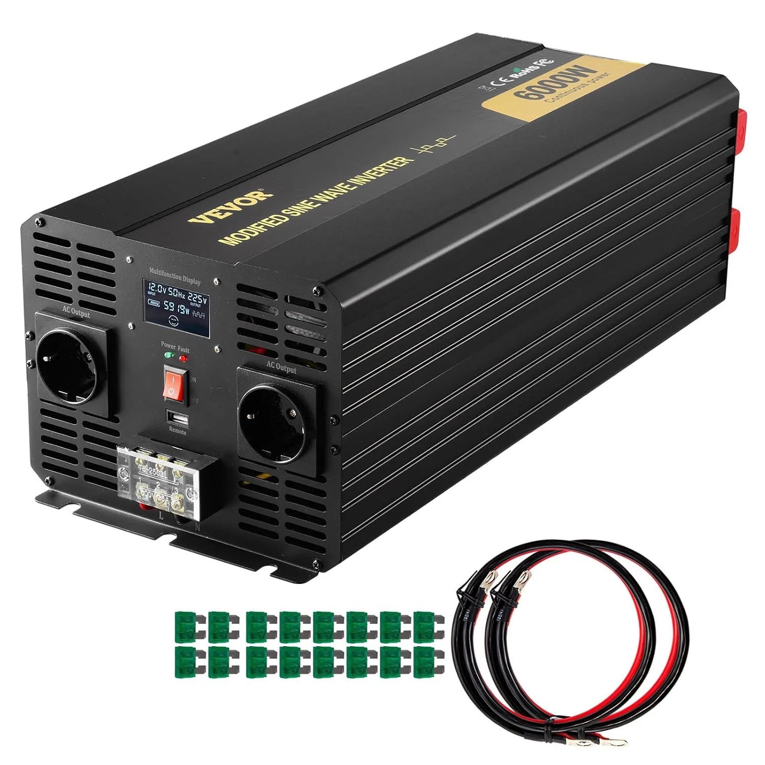VEVOR Gemodificeerde sinusgolf, 6000 W, auto-omvormer DC 12 V naar AC 230 V, met lcd-display, afstandsbediening, EU-stekker, led-indicator, voor camper, vrachtwagen, auto, boot, reizen
