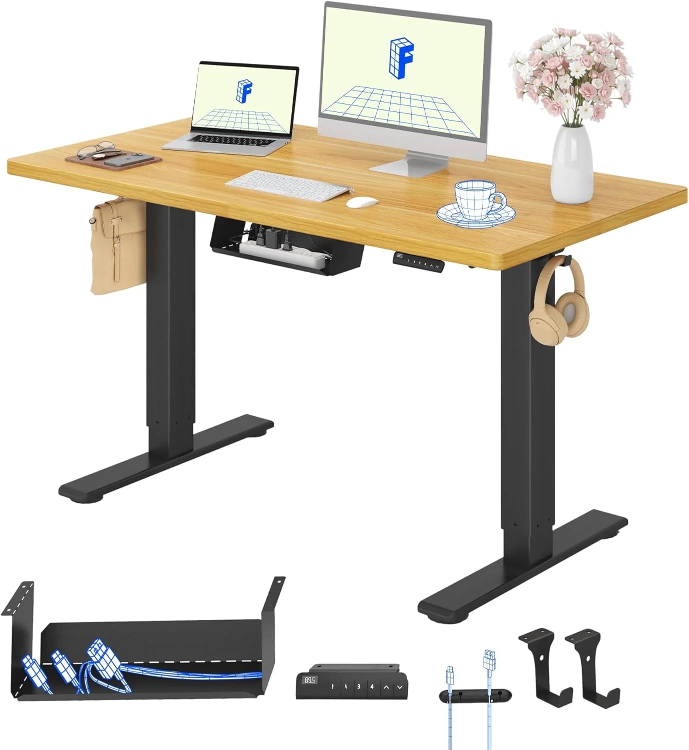 FlexiSpot E1 Pro 180x80cm Elektrische Sta Bureau met 2 Motoren – EENSTUKIG Bureaublad, Hoogte Verstelbaar Zit-Sta Bureau met 4-geheugen Paneel voor Thuis kantoor, Zwart+Bruin(120 x 60 cm/Zwart+Esdoorn)