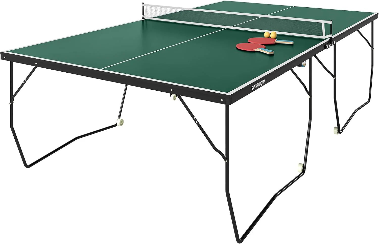 SPORTNOW opvouwbare tafeltennistafel, tafeltennistafel voor binnen met wielen, tafeltennisspelset met 2 tafeltennisrackets en 3 ballen, staal, groen, 274 x 152,5 x 76 cm