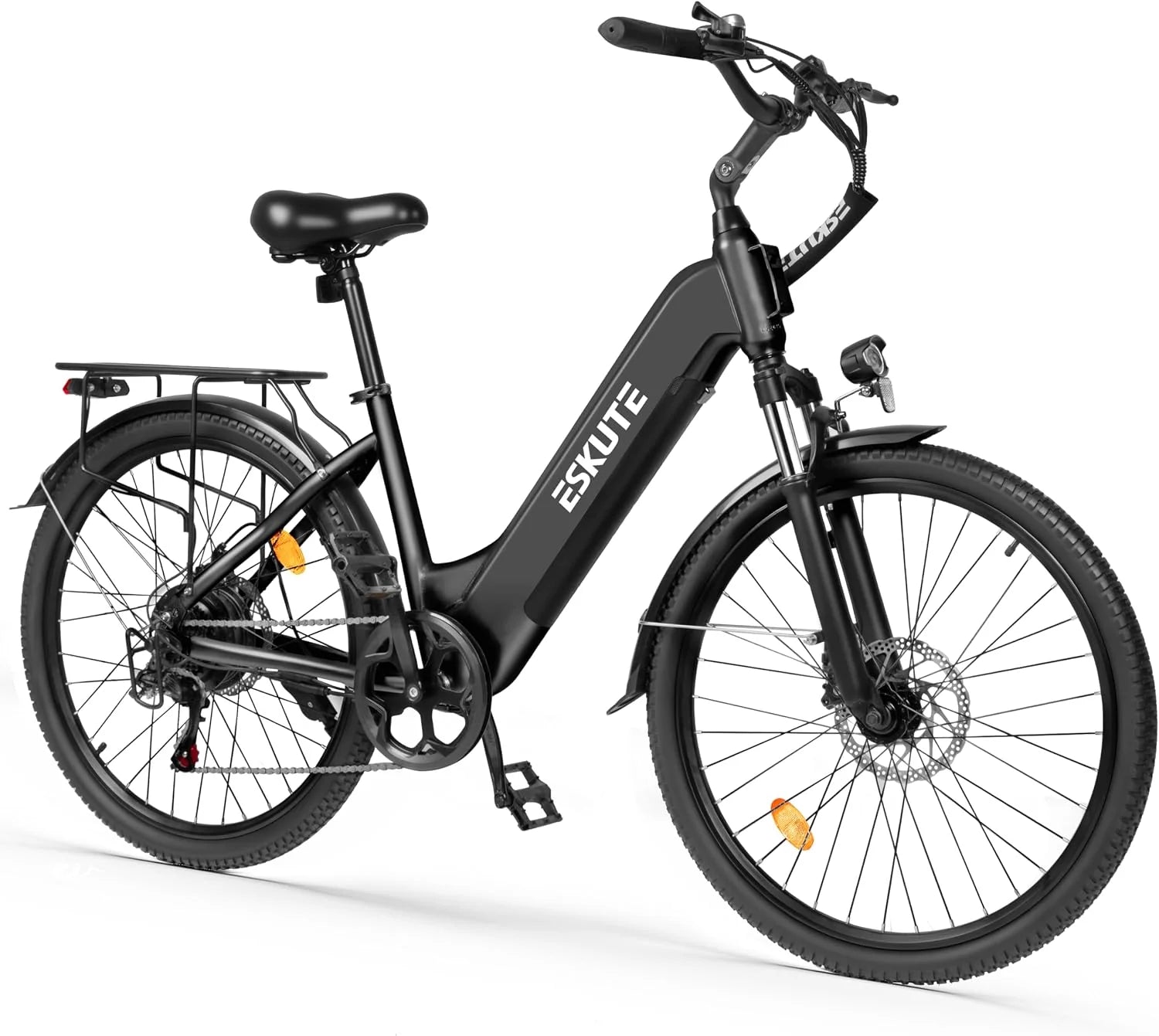 ESKUTE C202 Elektrische fiets, 48 V, 17,5 Ah, voor volwassenen, 26 inch (66 cm), afneembare accu, citybike voor pendelaars, 7 versnellingen, 25 km/u, bereik tot 110 km(Zwart/standaard)