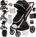 Kinderwagen van PU-leer, 3-in-1, 360° draaibare zitting, opvouwbare kinderwagen set, aluminium hoog landschap babywagen, comfortabele multifunctionele combi-kinderwagen, 3-in-1 complete set(3in1 V10 BlackGold/3-in-1-V10-model)
