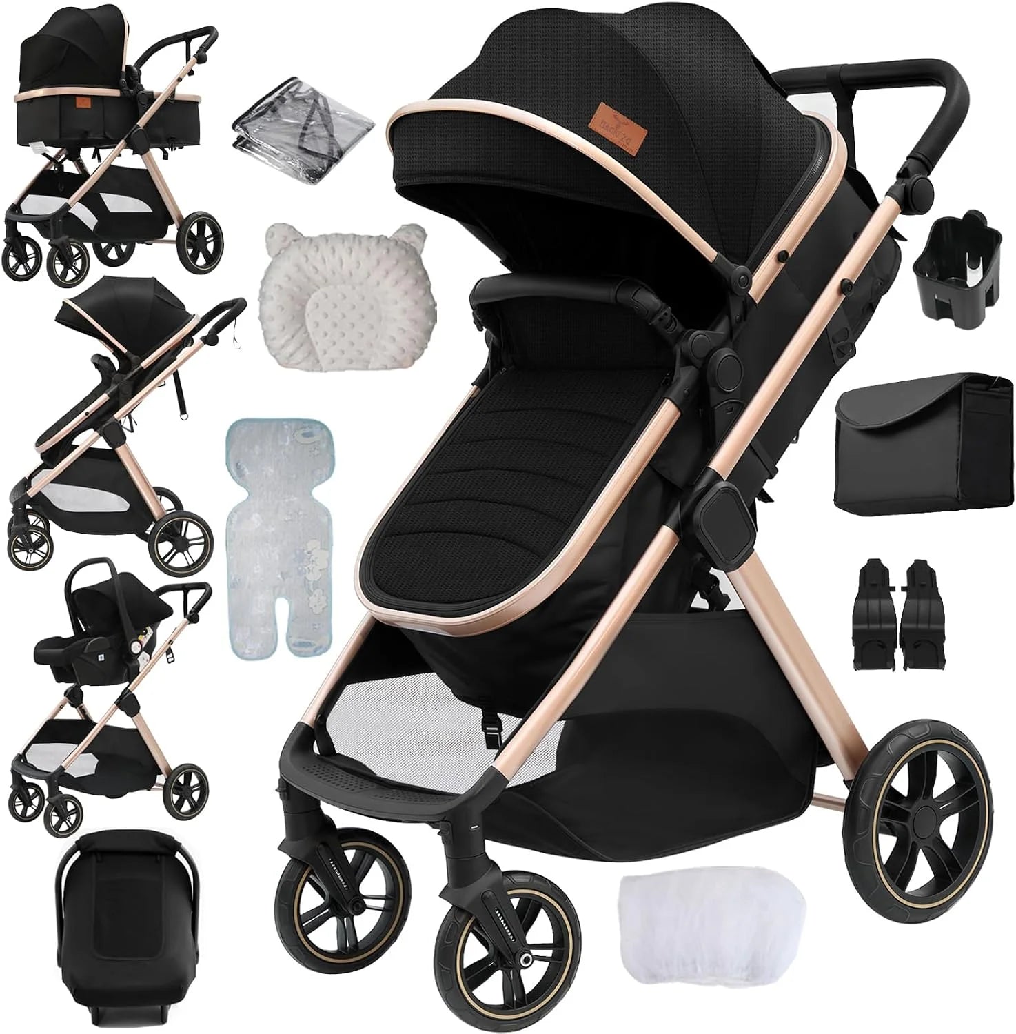 Kinderwagen van PU-leer, 3-in-1, 360° draaibare zitting, opvouwbare kinderwagen set, aluminium hoog landschap babywagen, comfortabele multifunctionele combi-kinderwagen, 3-in-1 complete set(3in1 V10 BlackGold/3-in-1-V10-model)