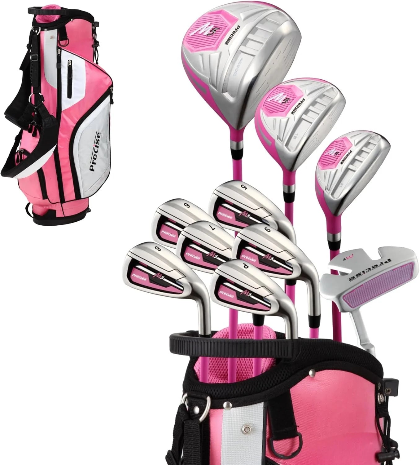 Precieze M5 Dames Dames Complete Rechtshandige Golfclubs Set Inclusief Titanium Driver, S.S. Fairway, S.S. Hybrid, SS 5-PW ijzers, Putter, Standbag, 3 H/C's Roze (Roze, Rechterhand Tall Size +1")