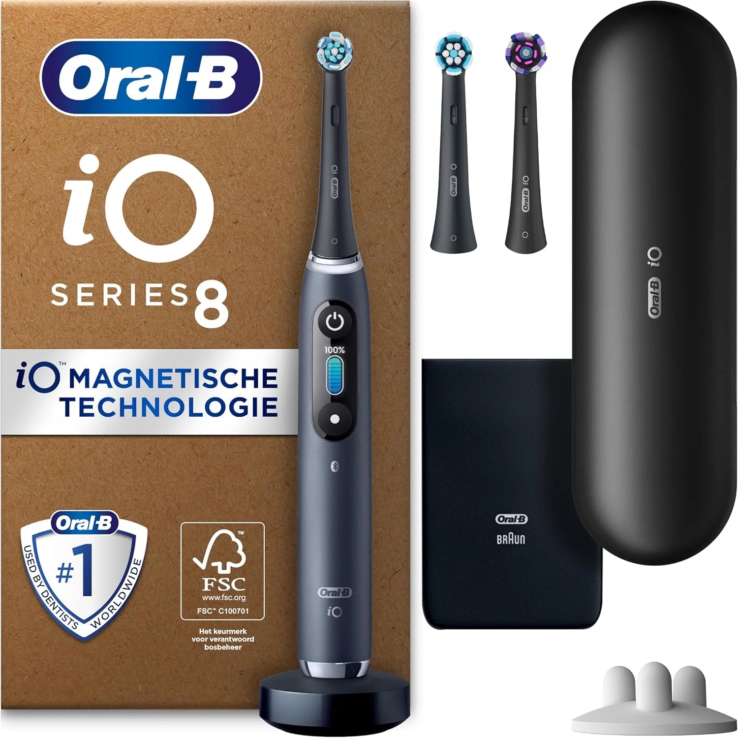 Oral-B iO Series 8 Plus Edition Zwarte Onyx Elektrische Tandenborstel, 3 Opzetborstels, 6 Poetsmodi Voor Tandheelkundige Verzorging, Reisetui, Recyclebare Verpakking, Ontworpen door Braun
