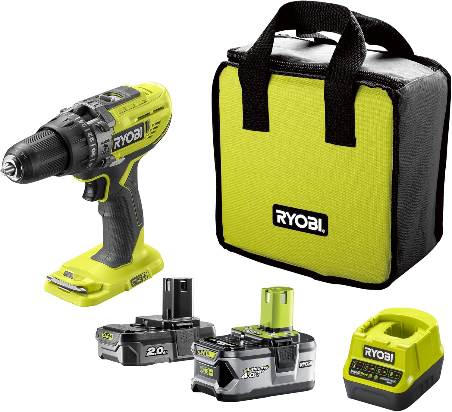 Ryobi R18PD3-242S Accu-slagboorschroevendraaier, 2 x accu 2,0 + 4,0 Ah, 18 V, slagboorfunctie, met oplader, verlichting