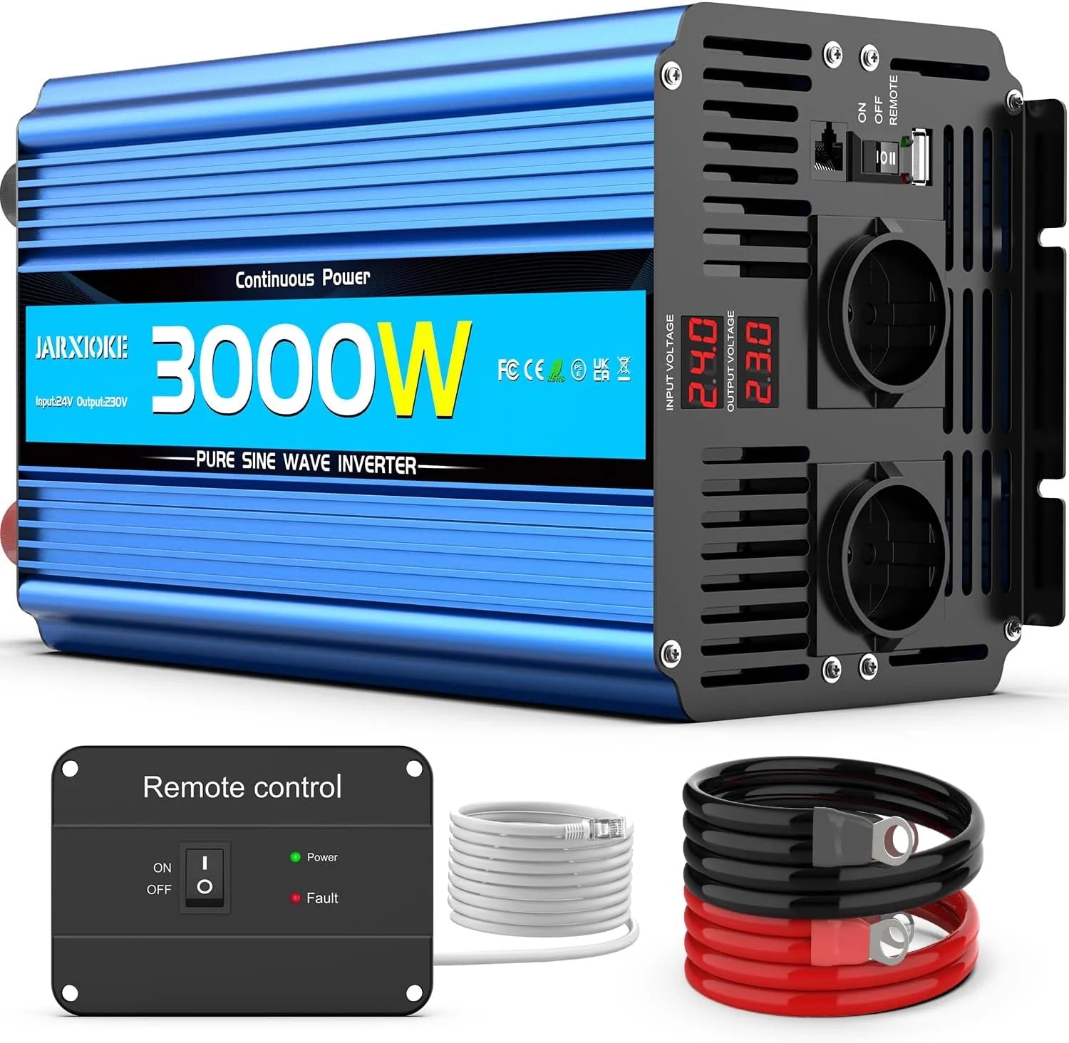 Omvormer zuivere as 3000 W omvormer 24 V 220 V / 230 V stroomomvormer - 2 AC-stopcontacten en USB-poorten en aansluitingen met hoge stroomsterkte voor auto, caravan, boot(24V 3000W)