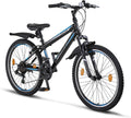 Chillaxx Bike Escape Premium Mountainbike, fiets voor meisjes, jongens, heren en dames in 24" en 26"- 21 versnellingen(24 Zoll/Zwart-blauwe V-rem)