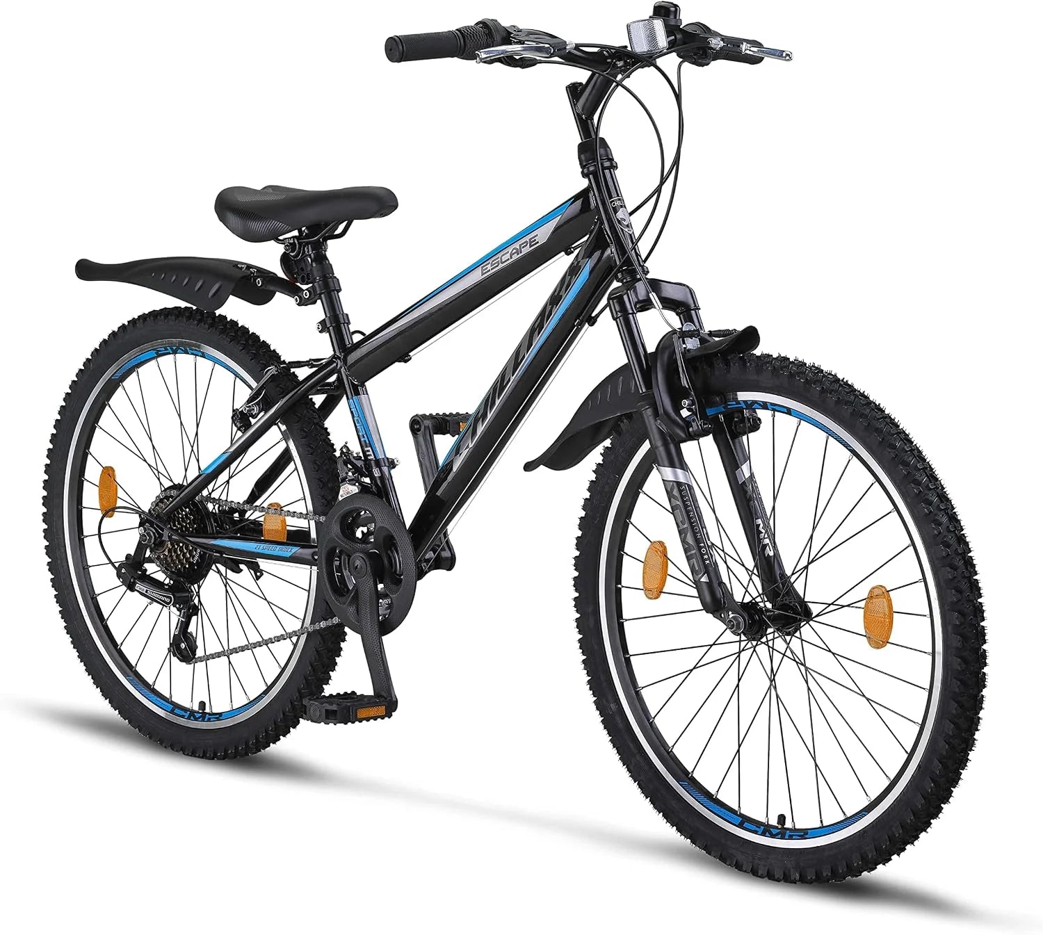 Chillaxx Bike Escape Premium Mountainbike, fiets voor meisjes, jongens, heren en dames in 24" en 26"- 21 versnellingen(24 Zoll/Zwart-blauwe V-rem)