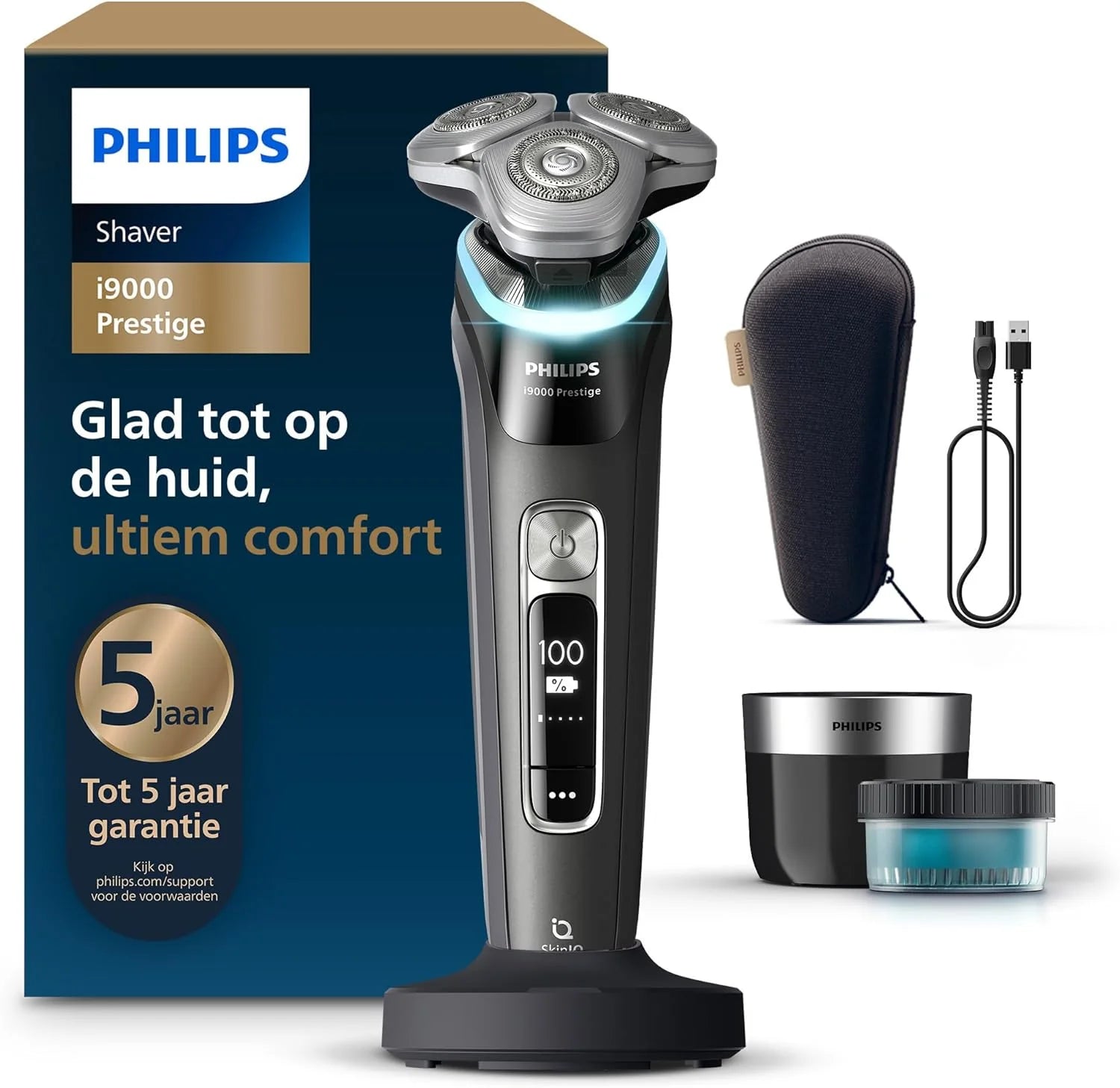 Philips Shaver Series 9000 – blauw elektrisch scheerapparaat, nat en droog scheren voor heren, Lift and Cut, SkinIQ-technologie, uitklapbare trimmer, reinigingspod, oplader, reisetui (model S9980/74)([NEW] i9000 Prestige - Dark Slate)