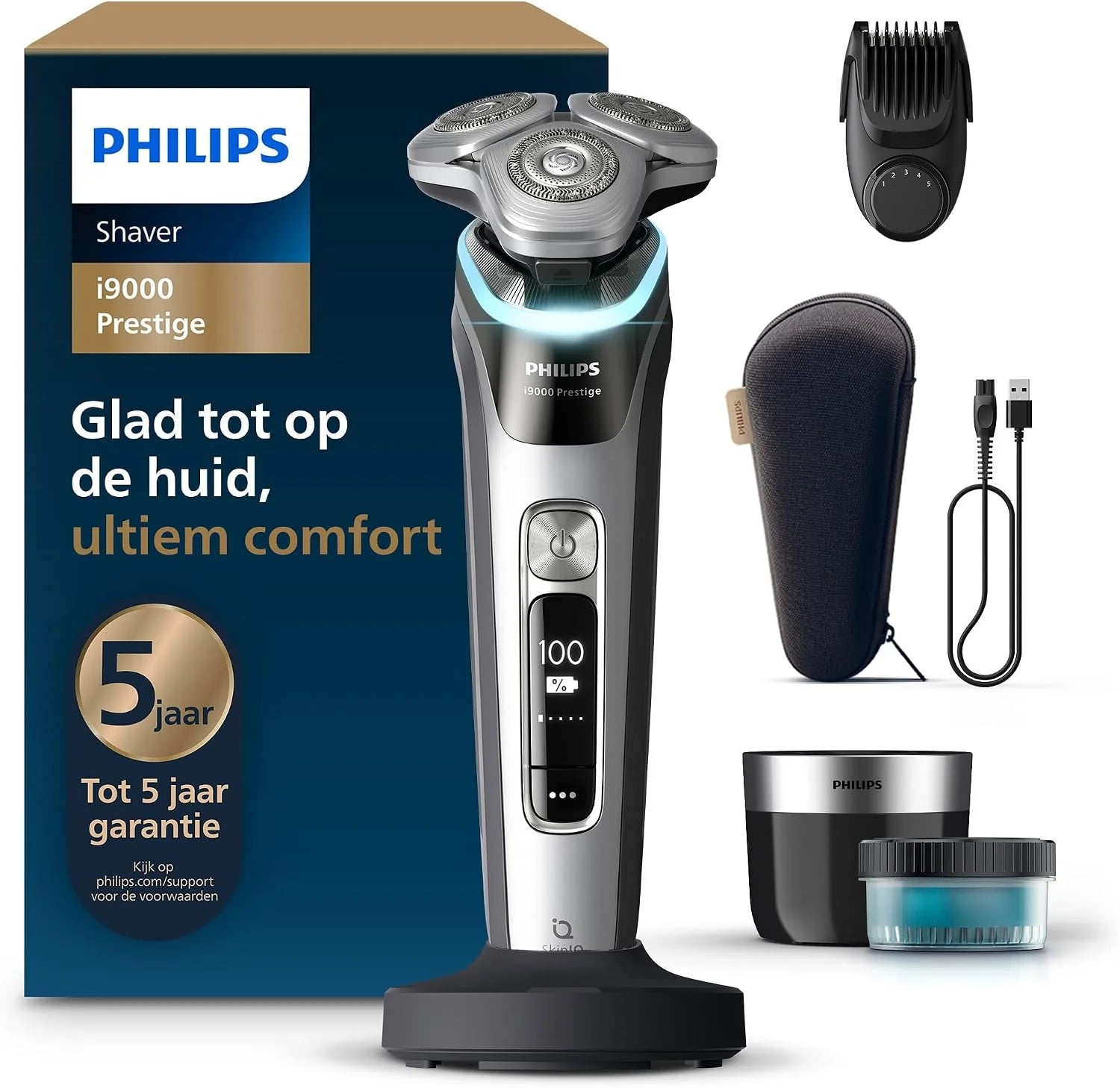 Philips Shaver S9000 Prestige, scheerapparaat voor nat en droog scheren, Helder Chroom, Lift  Cut en SkinIQ-technologie, precisietrimmer, reinigingspod en hoogwaardig opbergetui, model SP9841/32([NEW] i9000 Prestige - Slate)